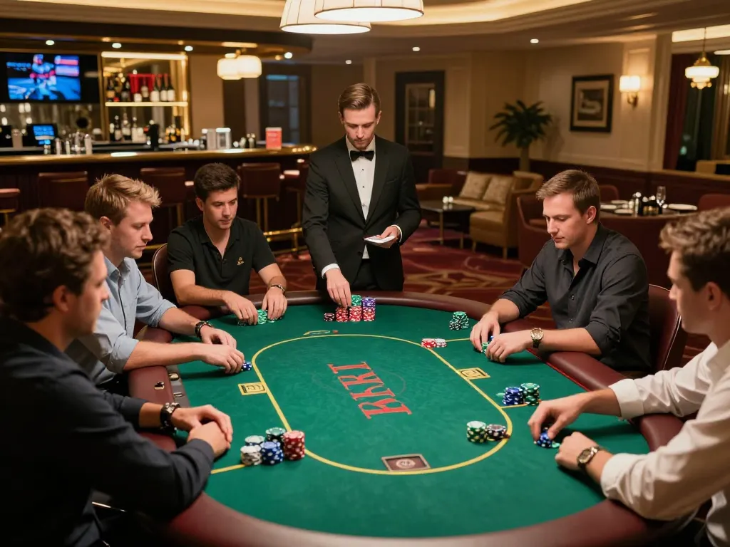 Bet88 poker table bustling with players enjoying immersive gaming in an upscale casino setting.