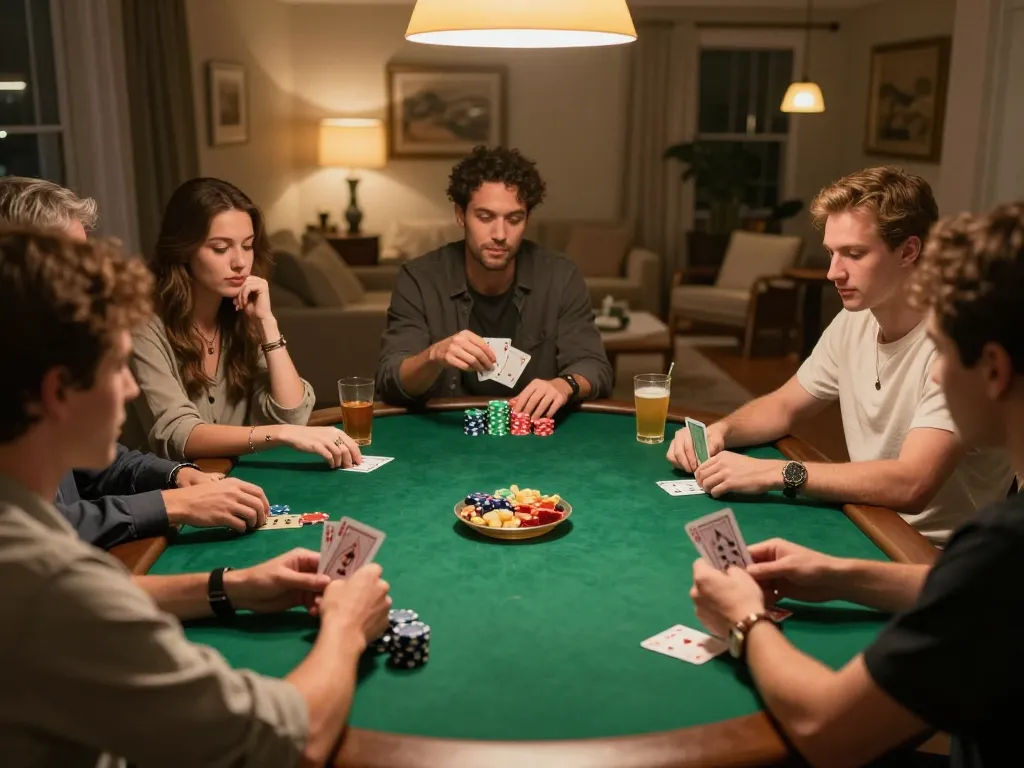 TR88 players enjoying an engaging home poker night with exciting gameplay and snacks.