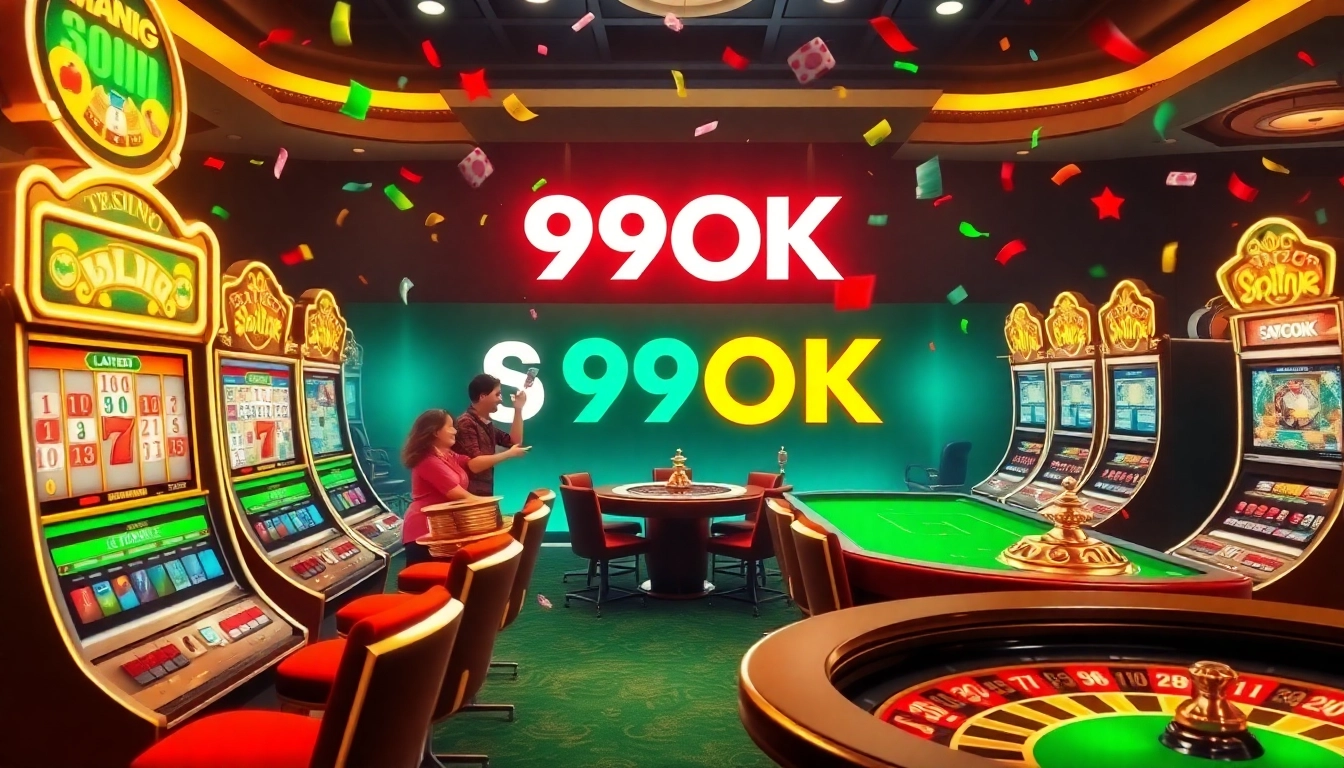 Gamblers celebrating a win at 99OK's exciting online casino with colorful slot machines and poker tables.