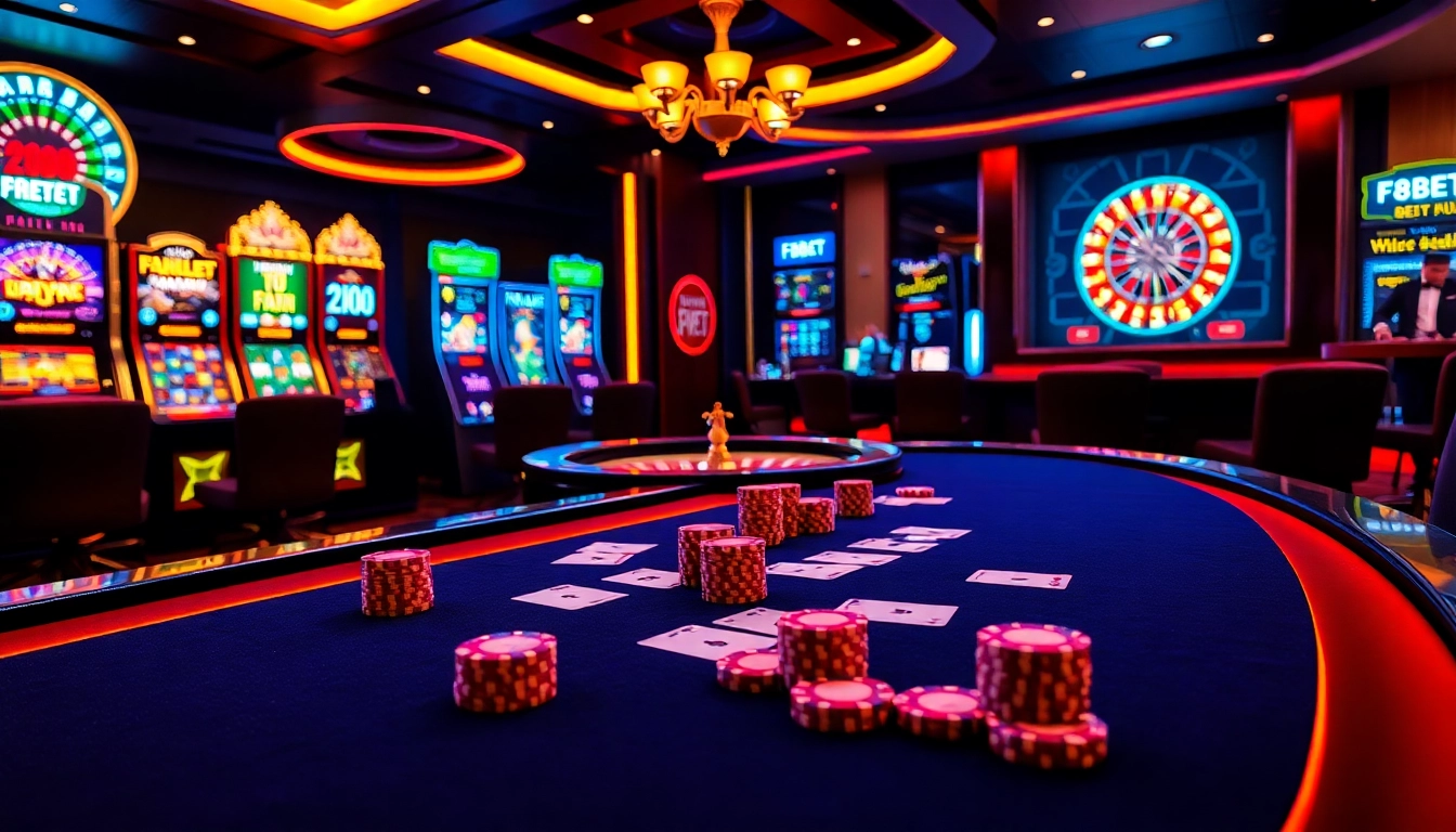 Experience thrilling gameplay with F8BET at an upscale casino table filled with vibrant cards and chips.