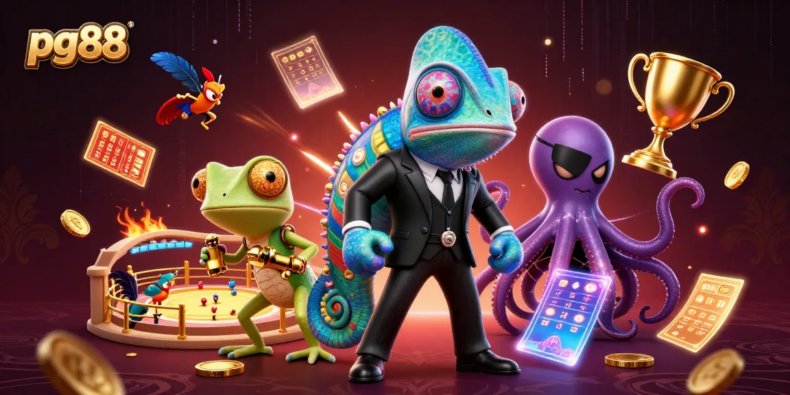 Experience excitement at pg88's cockfighting arena with vibrant illustrations of thrilling battles.