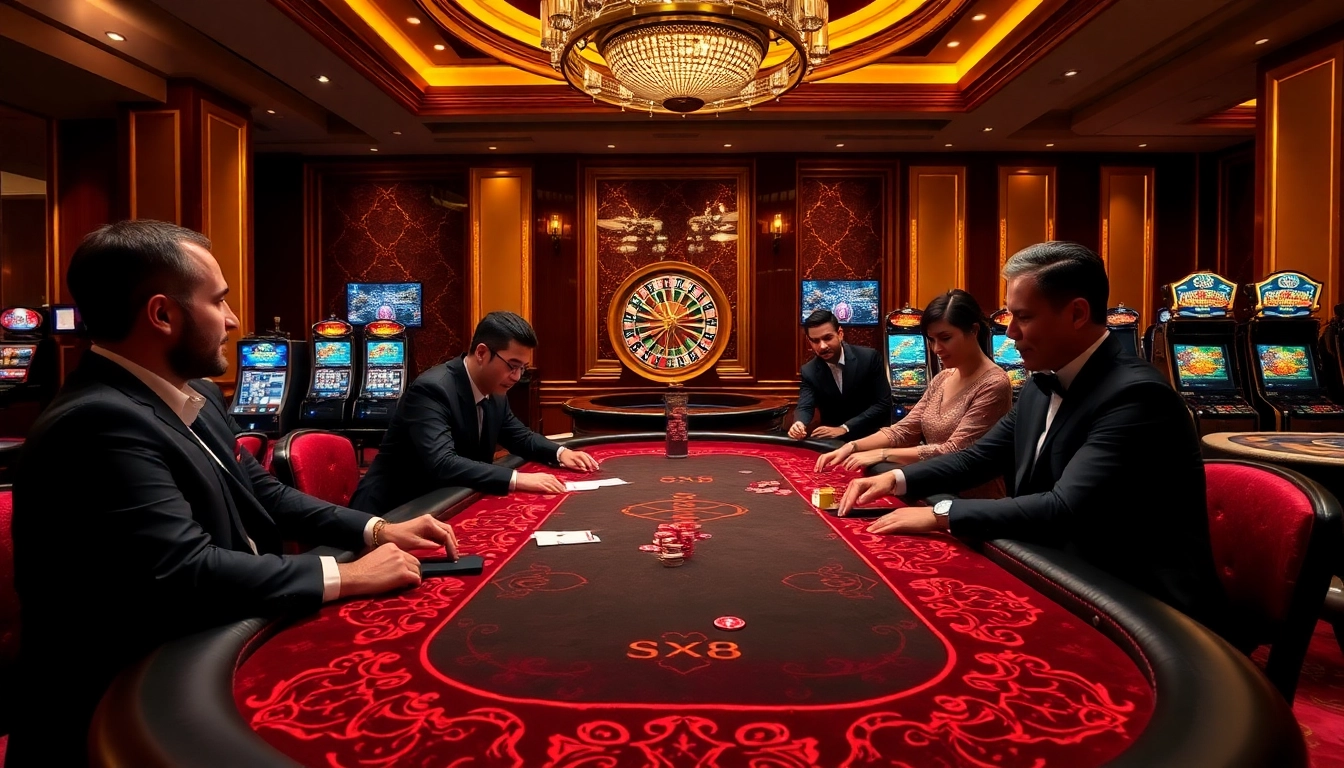 SX88 players eagerly betting on poker at a luxurious casino table.