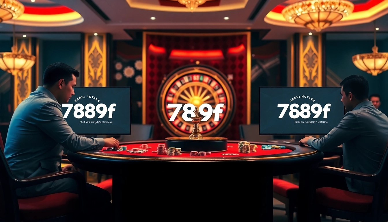 A thrilling casino scene highlighting players at 789f poker tables with vibrant roulette wheels and luxury decor.