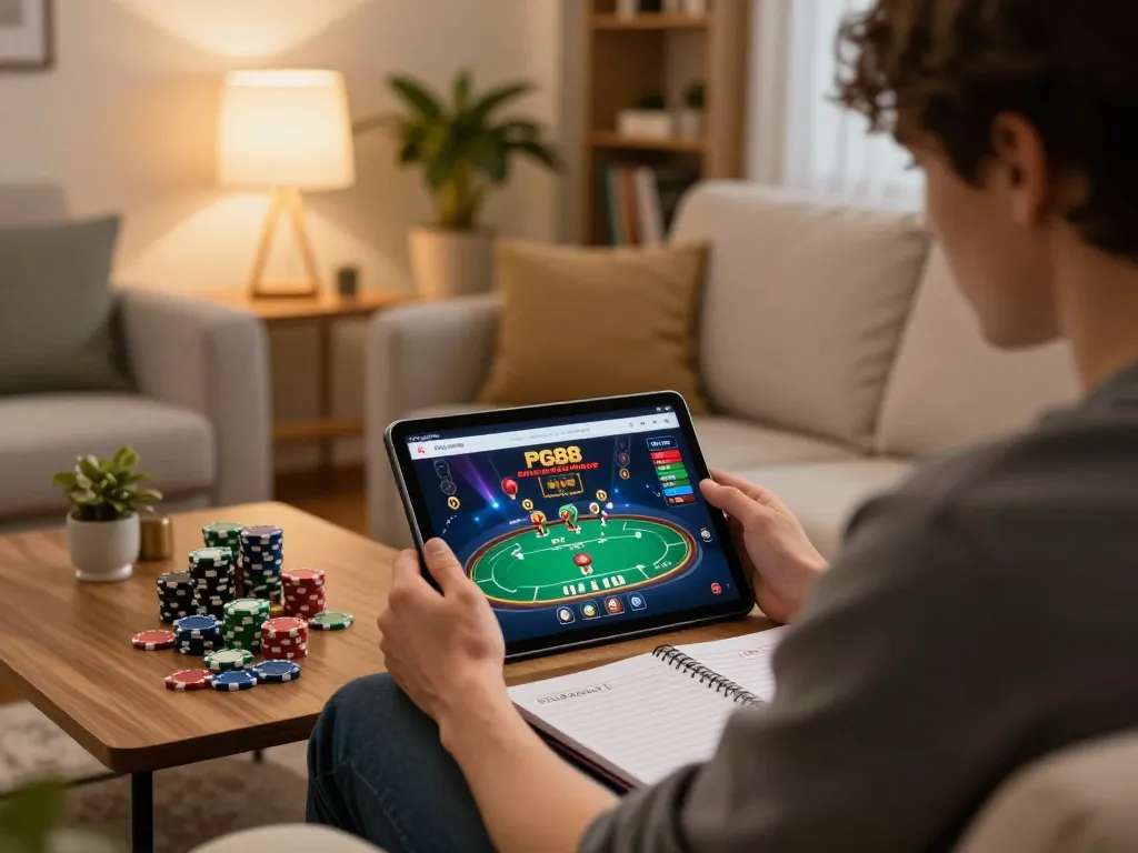 Engaging with the nền tảng PG88 online casino on a tablet, highlighting strategic gameplay