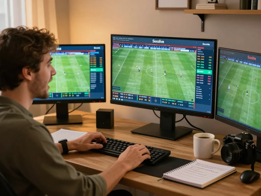 Socolive user placing sports bets with multiple live match screens in a cozy home office.