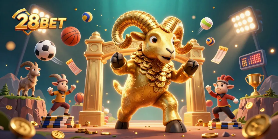 Bet with 28BET featuring a massive golden ram, dynamic sports elements, and vibrant casino atmosphere.