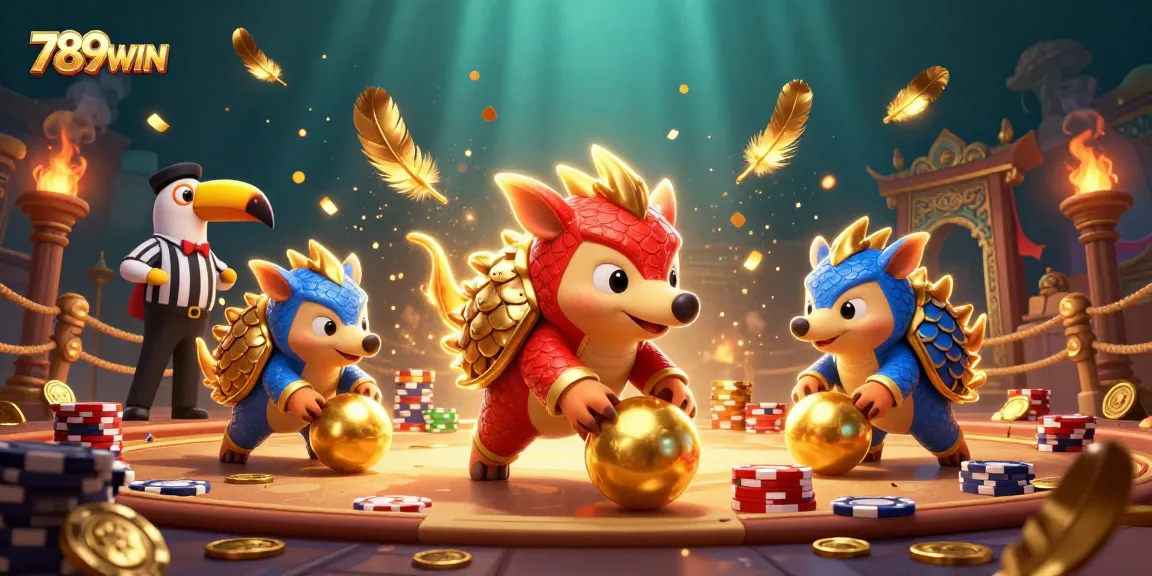 Experience dynamic rival pangolins in a golden casino scene, capturing the thrill of 789WIN's games.