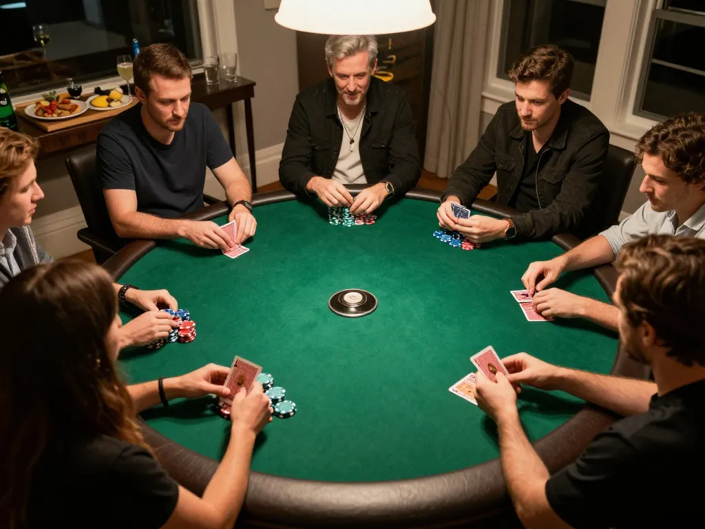 Naga303 slot players enjoying a lively poker game night, hands holding cards and chips in action.