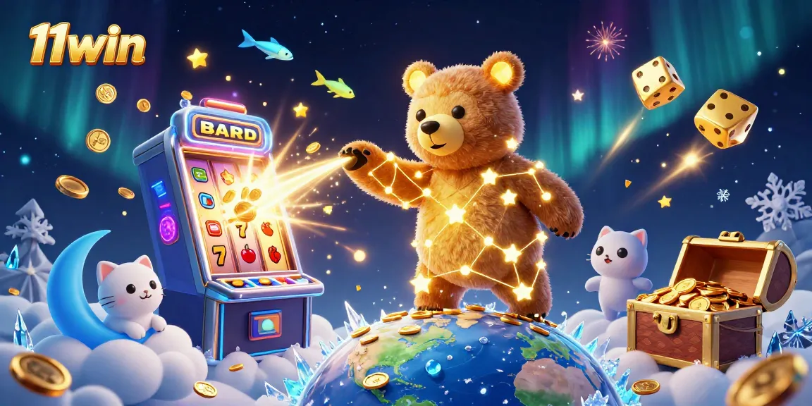Engage with 11win's vibrant casino world featuring constellation characters and thrilling slot action.