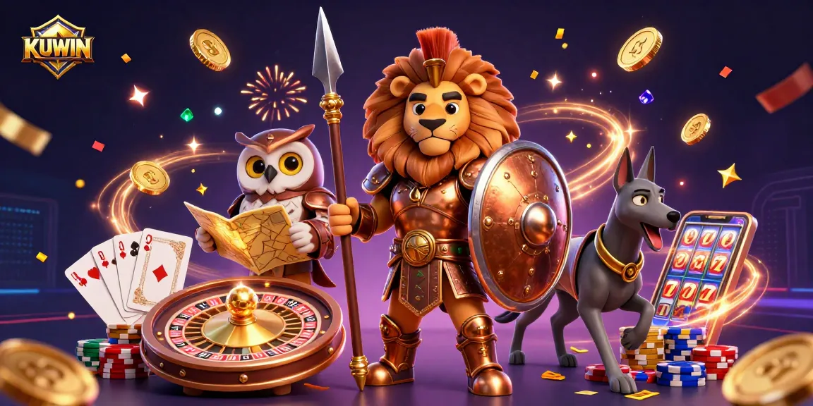 Immerse in the vibrant world of KUWIN with a dramatic 3D casino scene featuring a lion, owl, and greyhound amidst cascading coins and games.