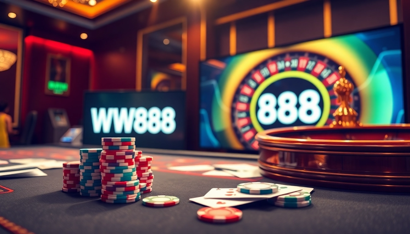 Experience the thrill of winning at ww88 with vibrant poker chips and a roulette wheel in a luxurious casino setting.