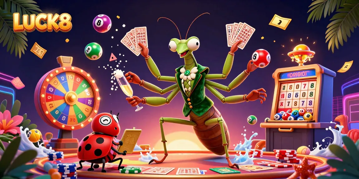LUCK8 features a giant praying mantis card sharp and a ladybug pit boss in a vibrant casino scene.