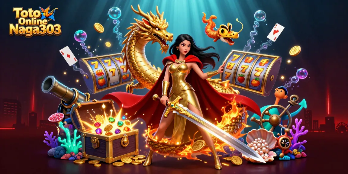 Toto Online Naga303 showcases a stunning warrior queen in a dynamic casino-themed 3D illustration, with slot reels and treasure.
