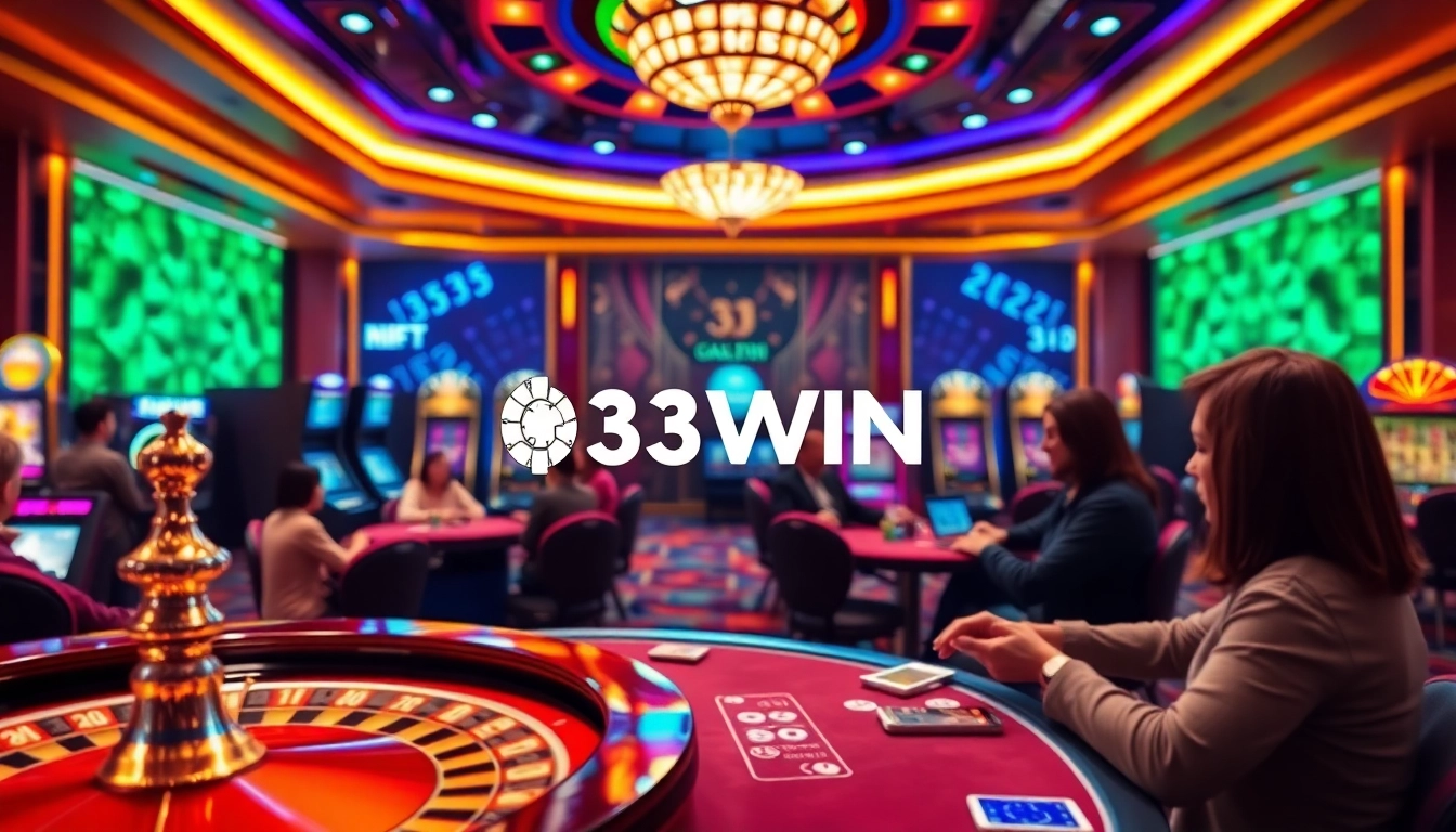 Engage with 33WIN online casino games featuring poker chips and roulette excitement in a luxurious setting.