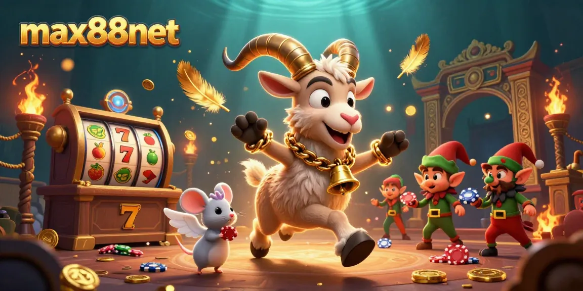 A dynamic illustration portraying the max88net holiday-horror casino scene with a Krampus goat, angel mouse, and mischievous gremlins stealing poker chips.