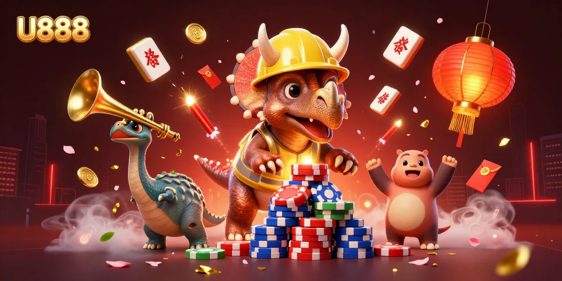 Experience thrilling wins at U888 with a festive 3D casino scene celebrating gaming.