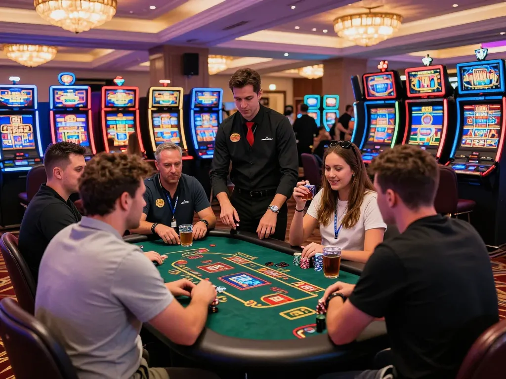 Experience thrilling gaming at https://lucky88.tips/ with diverse players and vibrant casino lights.