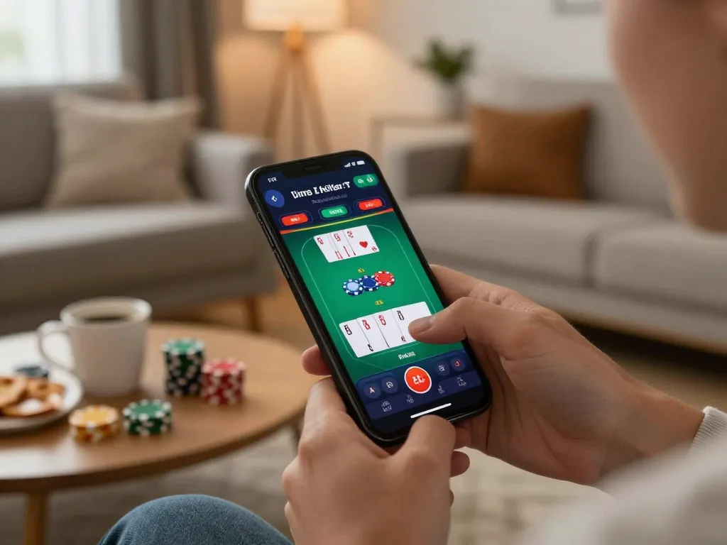 Engaging with mobile poker game interface at https://vmax99.vip/ in a cozy modern living room.