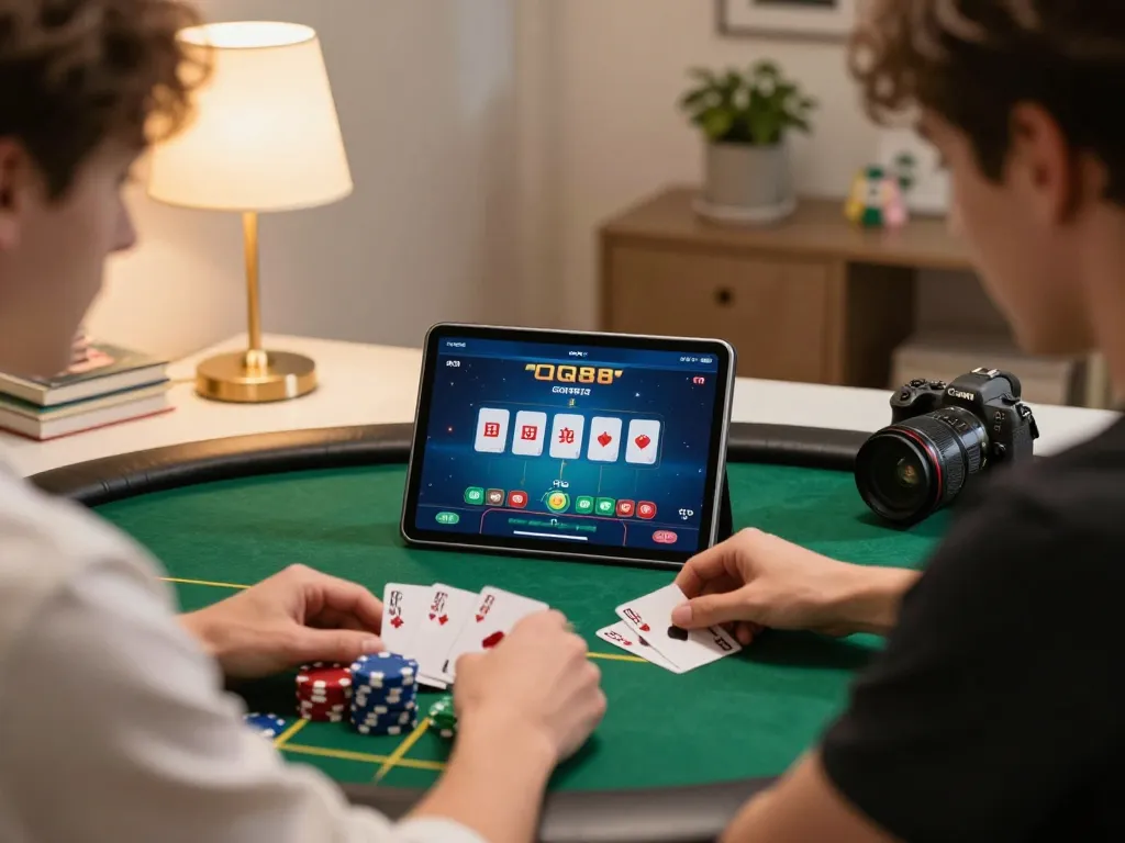 Engaging in online poker gameplay on QQ88 with strategic decisions at home desk, showcasing focused user interaction.
