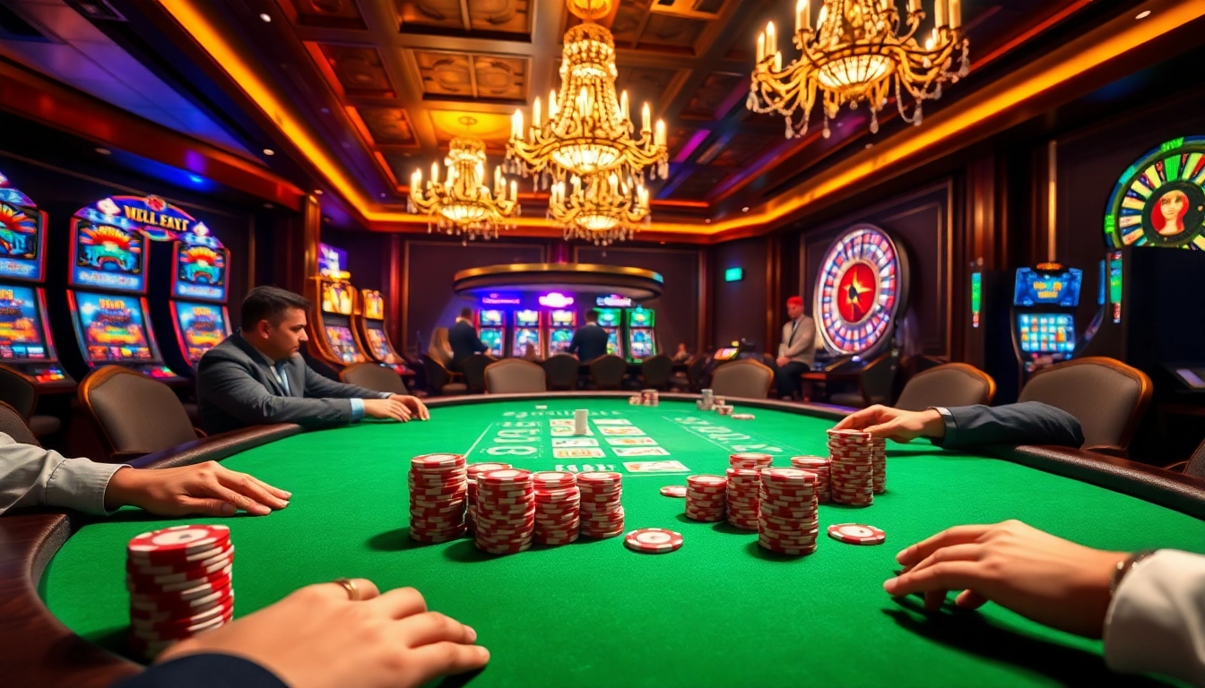 Players strategizing at a poker table with mint88-themed décor and vibrant casino atmosphere.