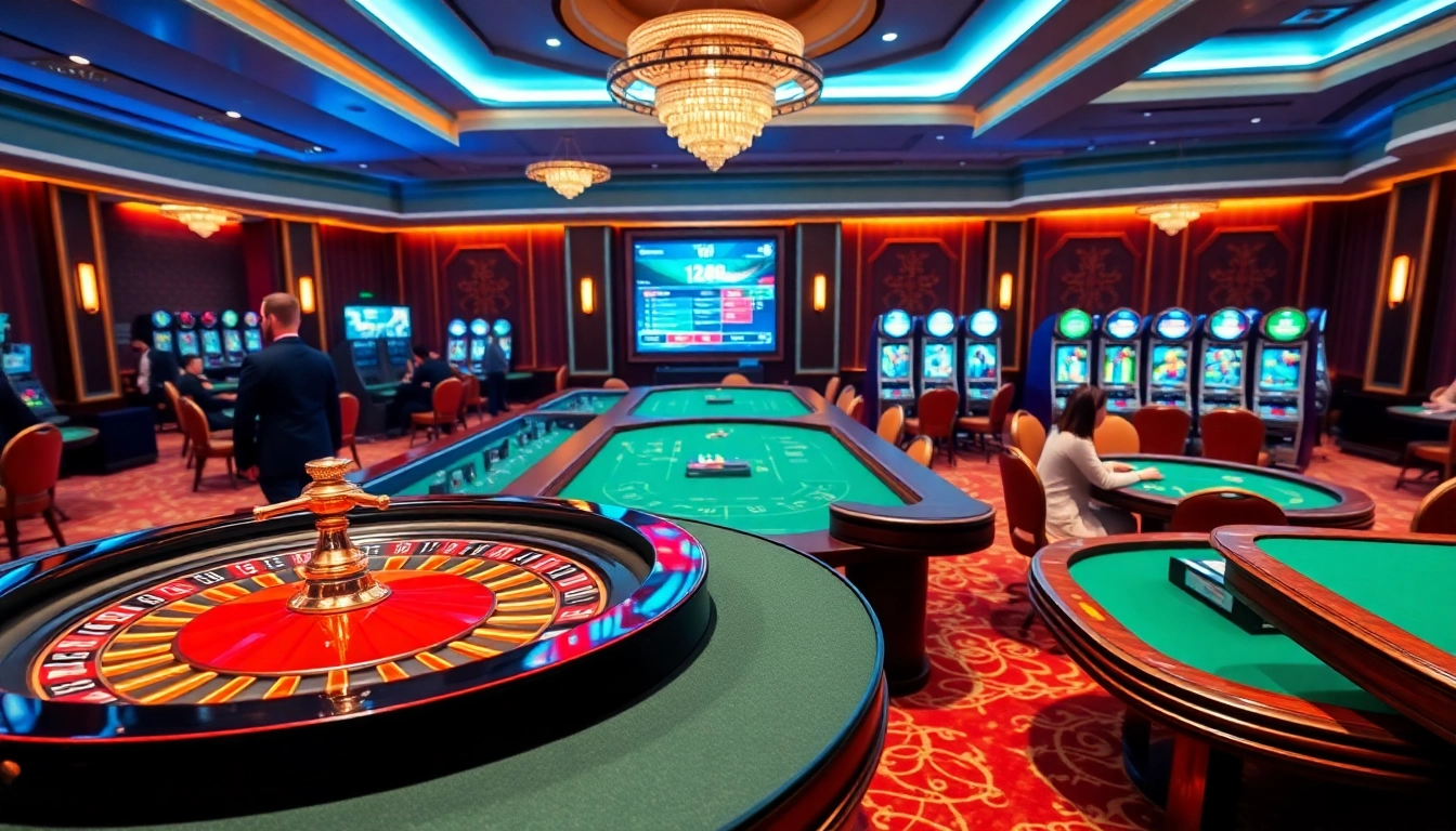 Experience thrilling casino action at iq88 co with a bustling scene featuring roulette and poker tables.
