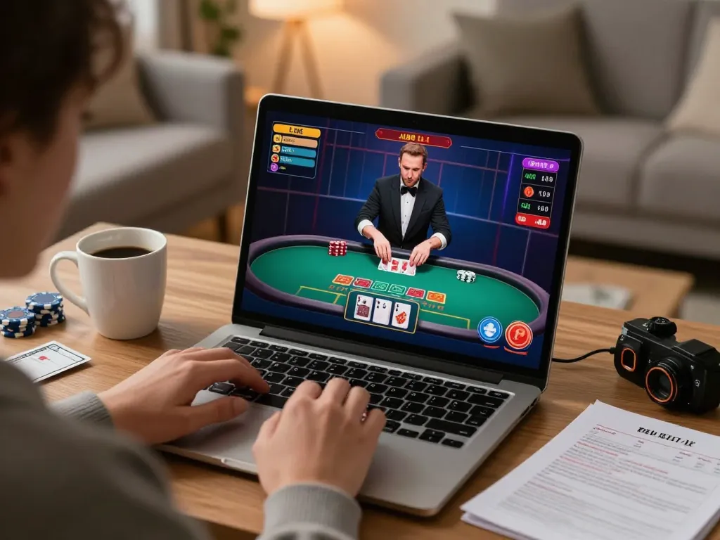 Player enjoying gem88 online blackjack at home, engaged with live dealer on laptop.
