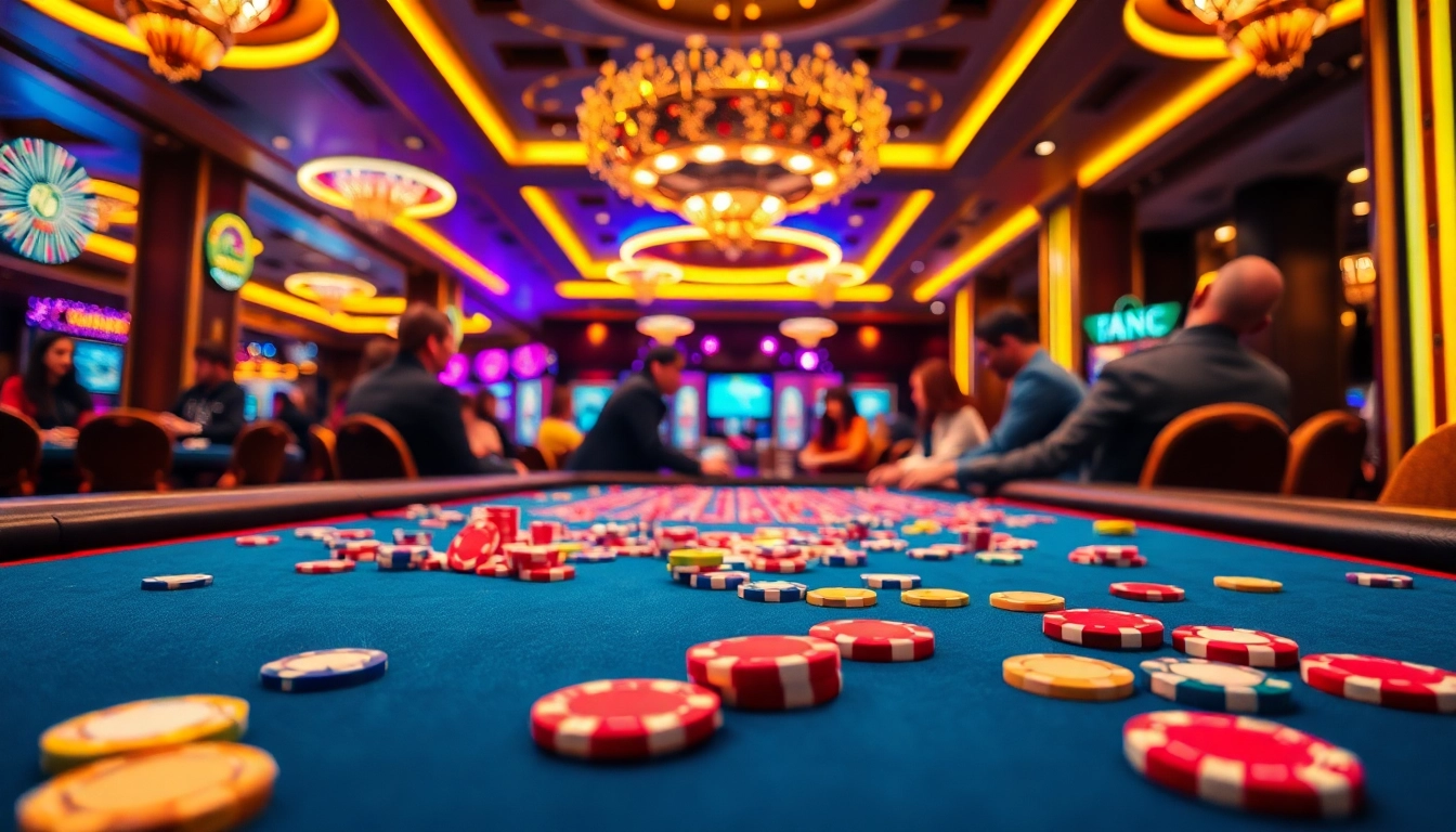 에볼루션 카지노에서 화려한 칩들이 흩어져 있는 게임 테이블.