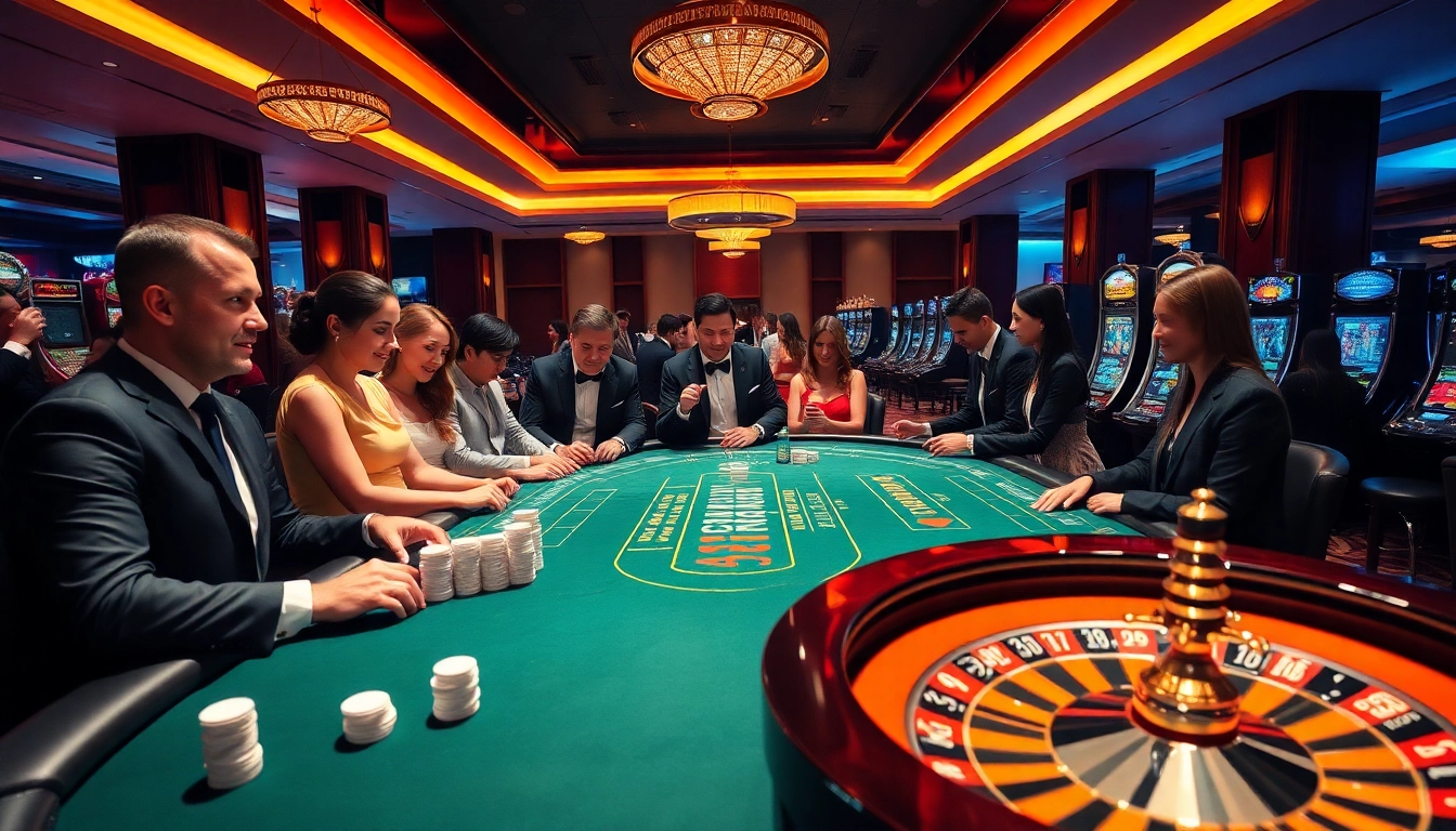 Players winning at EV88 gaming table with vibrant slot machines and poker chips.
