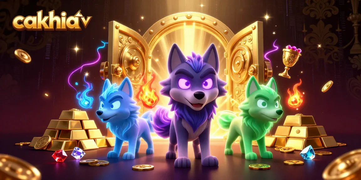 Cakhia TV showcases a vibrant scene of animated wolves amidst a rich display of gambling treasures and casino elements.