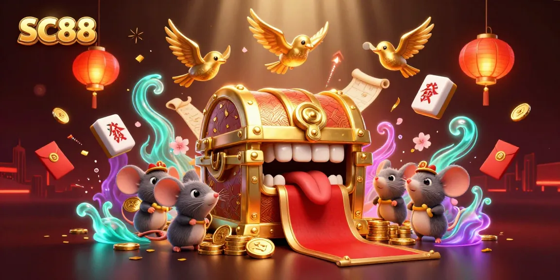 Engage with the excitement of SC88 as adventurer mice approach a treasure chest surrounded by vibrant casino elements.