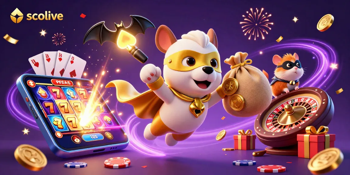 Socolive offers thrilling live-action gameplay with a cartoon superhero dog and hamster amidst vibrant casino elements.