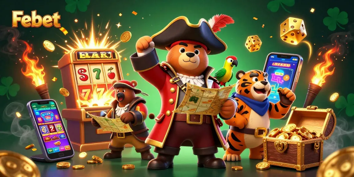 Engage with Febet’s thrilling gaming adventure showcased by a pirate, tiger, and treasure elements in a vibrant casino setting.