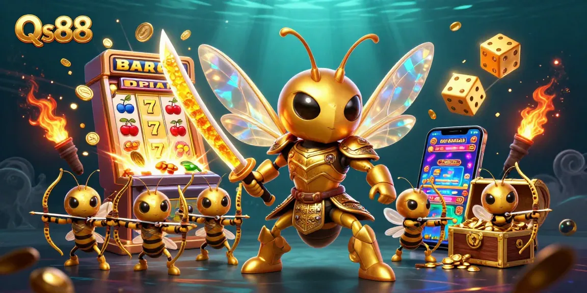 Engage in thrilling gameplay with Qs88's dynamic casino scene featuring golden symbols and vibrant effects.