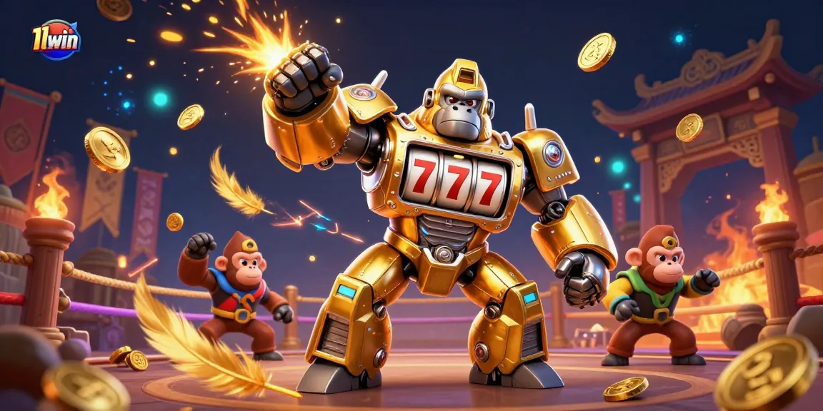 Experience thrilling gameplay with 11win's captivating 3D gorilla mech illustration powered by slot machine magic.