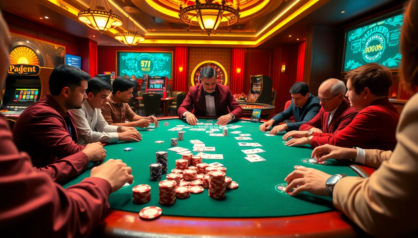 Players engaging intensely at a poker table, embodying builders of winning strategies in an elegant casino setting.