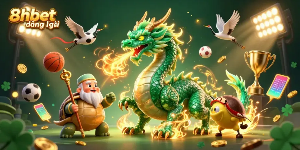 Experience the thrill of 8xbet đăng nhập with a vibrant 3D scene of a jade dragon, turtle sage, and lucky cranes in action.