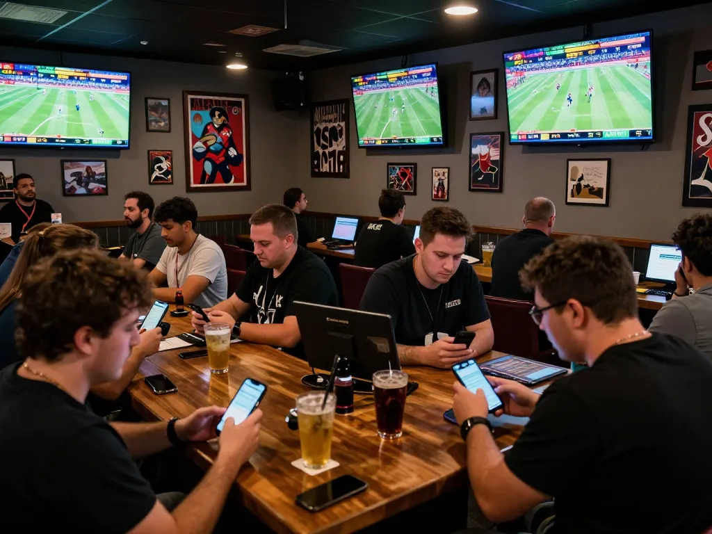 Engaged patrons checking ty le keo nha cai while watching live sports, highlighting interactive betting experience.