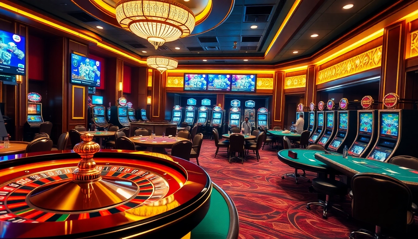 Experience the excitement of RR88 with vibrant casino tables and illuminated betting screens.