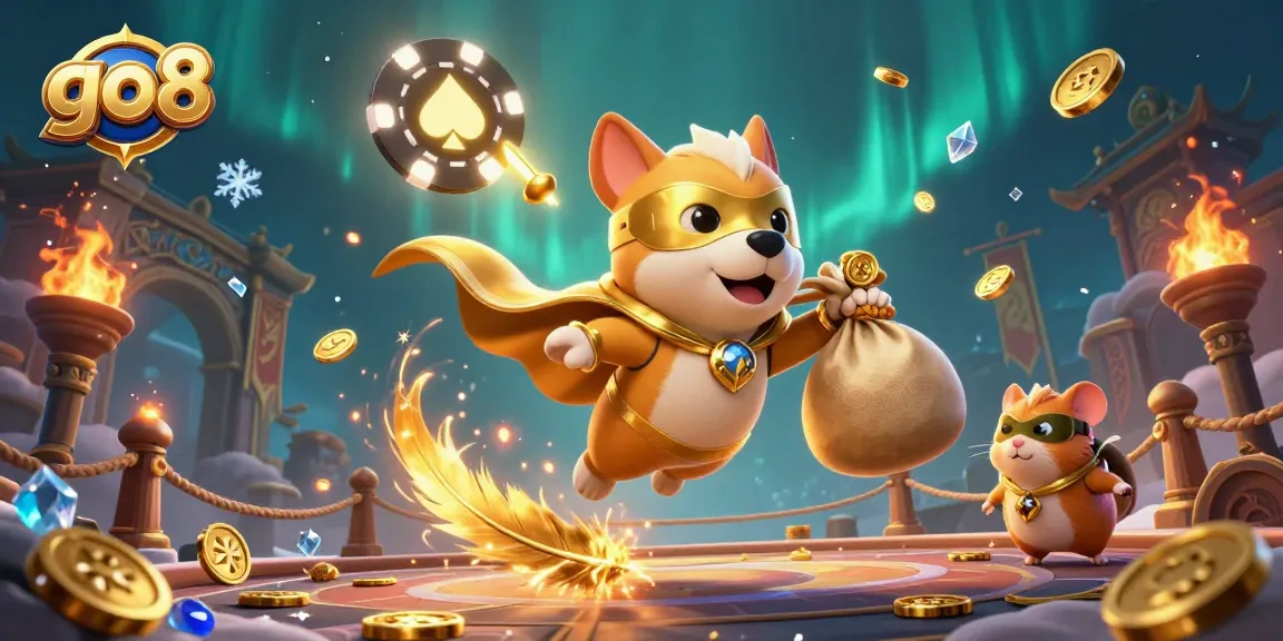 Experience gaming excitement with go8 as a superhero dog and sidekick fly through a dynamic casino arena.