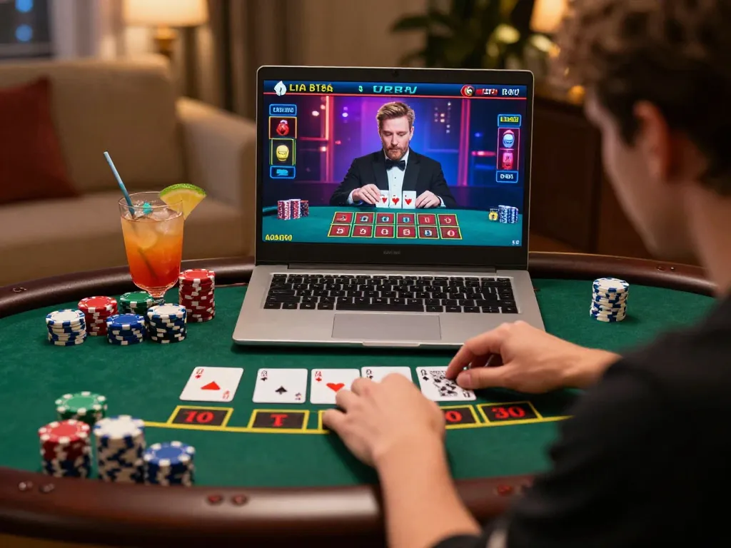 Red88 player engaged in live dealer blackjack, strategically placing bets in a cozy home environment