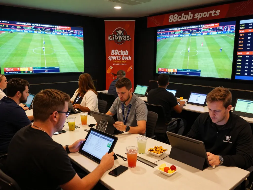 Betting enthusiasts engaging with live sports screens at 88club sportsbook, showcasing strategic wagering.