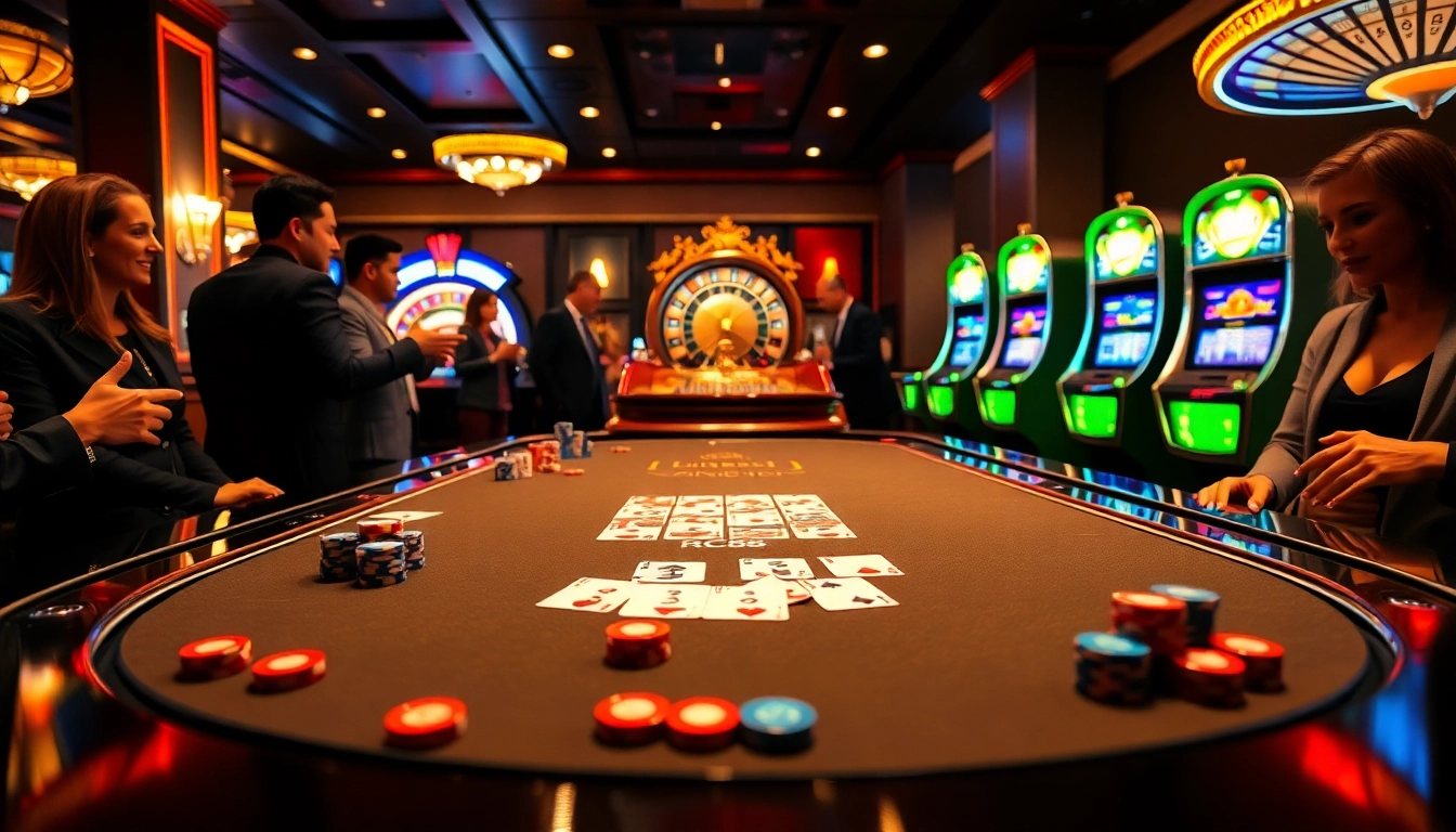 RC88 gaming table with excited players enjoying poker chips and cards in a luxurious casino.