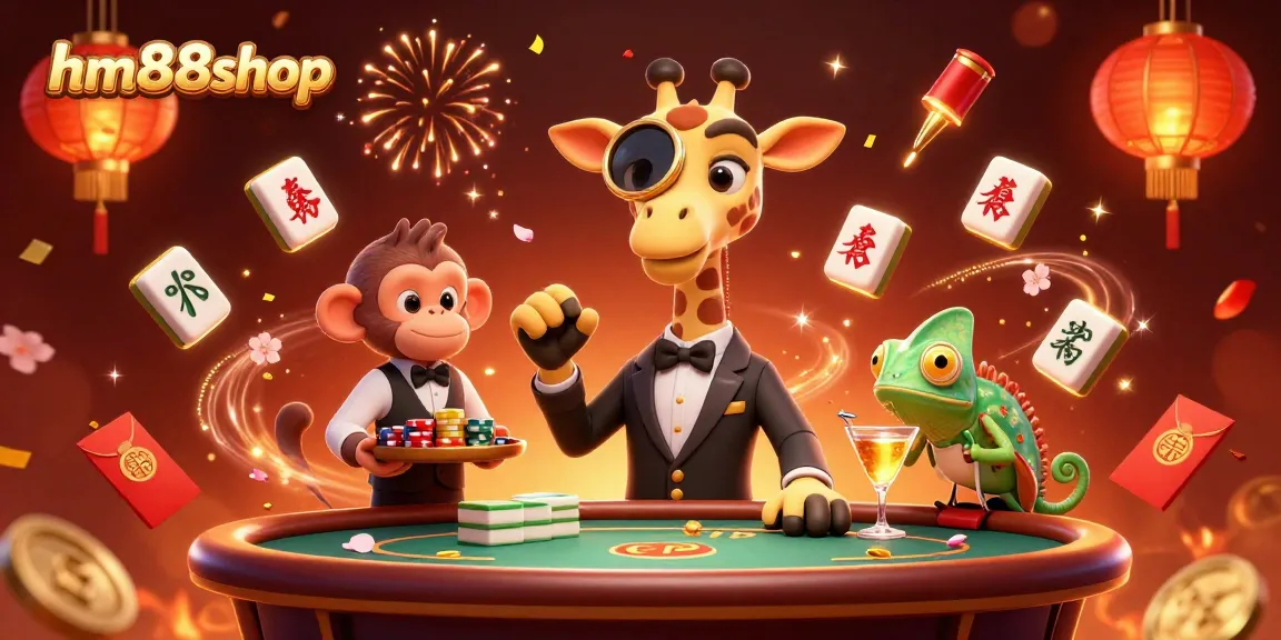 Experience excitement at hm88shop with a lively poker scene featuring a giraffe and animals juggling chips and drinks.