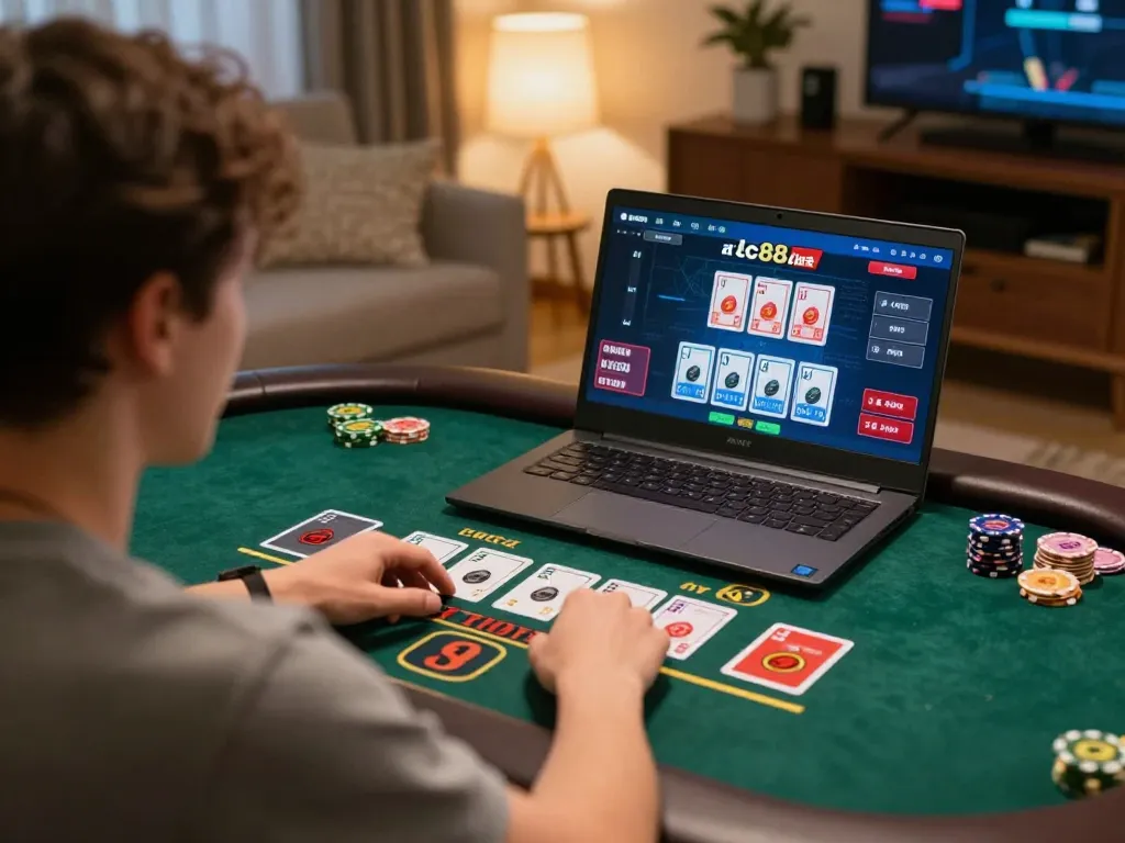Player strategizing at lc88 live dealer blackjack table on laptop in comfortable home setting.