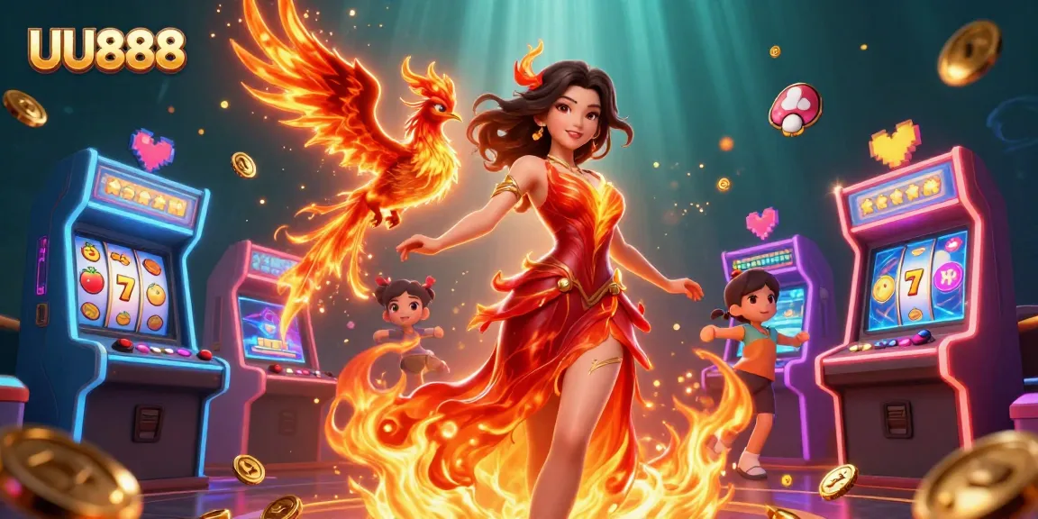 Join the excitement with UU888, featuring a stunning portrayal of casino adventure, including vibrant slot machines and energetic gaming atmosphere.