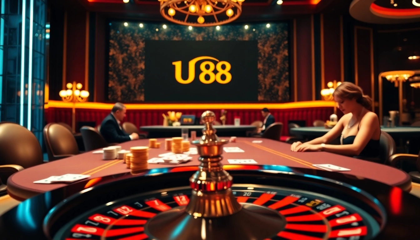 Players enjoying a thrilling game of poker at UU 88 casino, showcasing vibrant chips and cards.