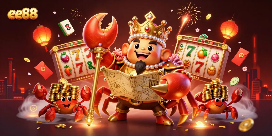Experience thrilling slots at ee88 with a vibrant illustration showcasing a golden crab emperor and enchanting casino elements.