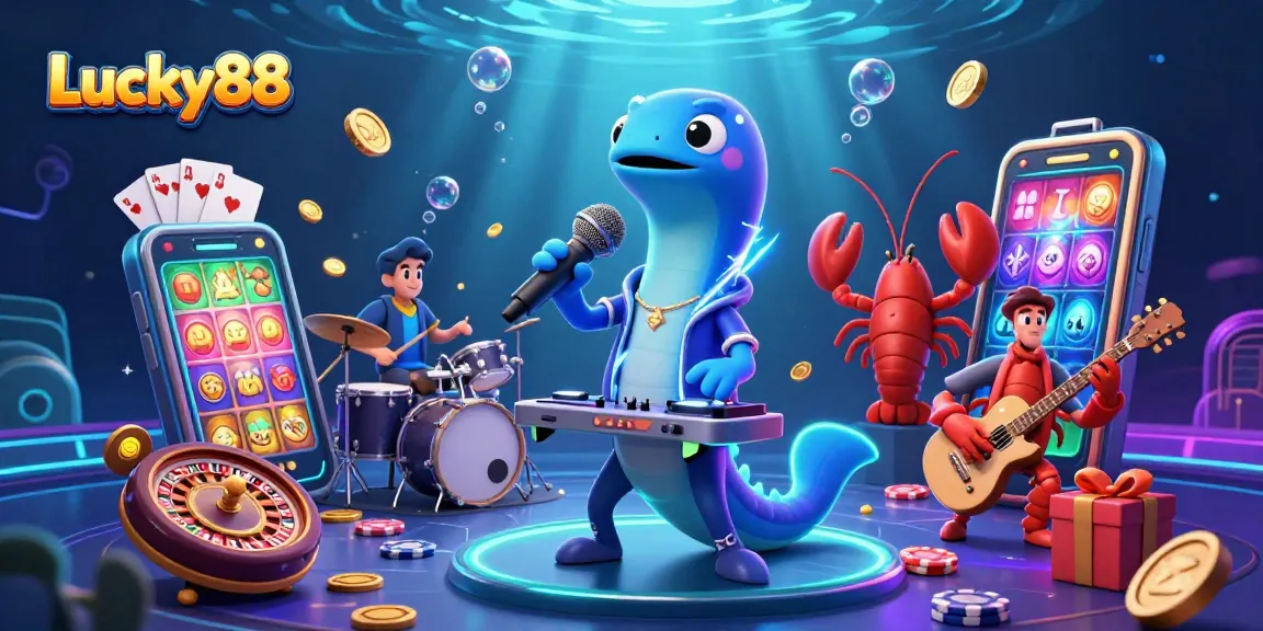Experience the thrill of Lucky88 with a vibrant 3D illustration of an underwater casino scene featuring dynamic characters and gaming elements.