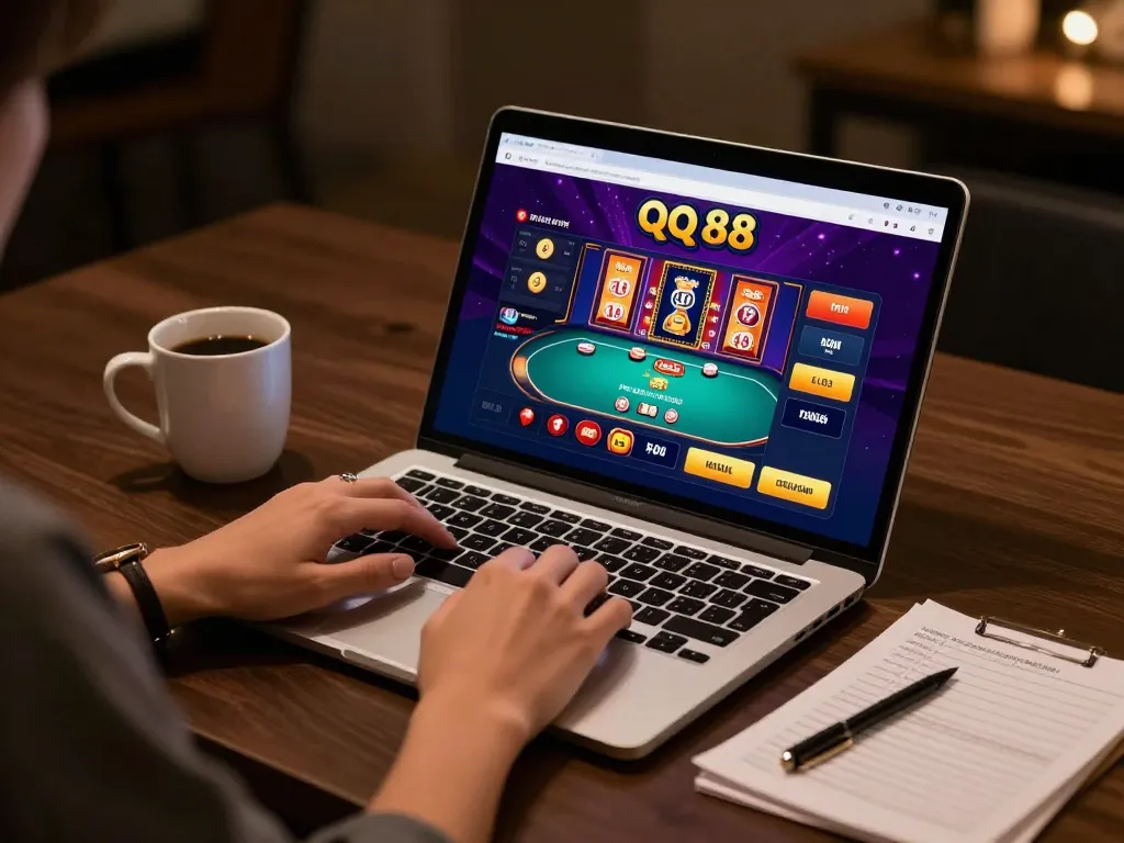 Engaging with qq 88 online casino gaming on a laptop in a cozy workspace.