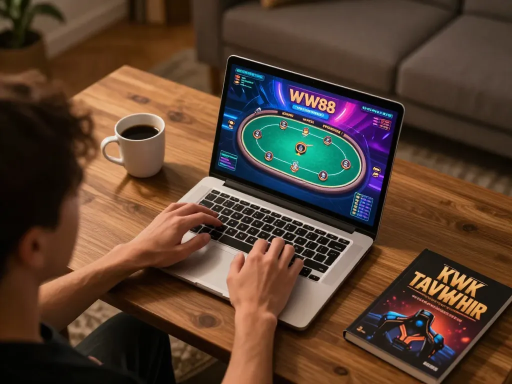 Engaged in online poker gameplay at home with WW88 interface visible on laptop screen, showcasing responsible gambling environment.